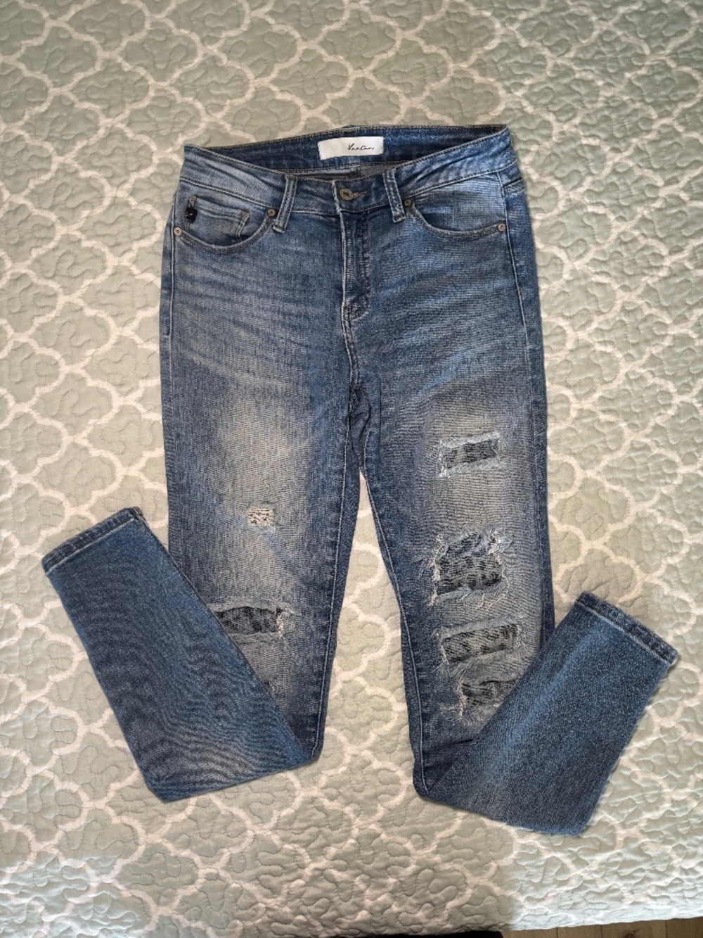 KANCAN Mid Rise Leopard Patch Skinny Jeans